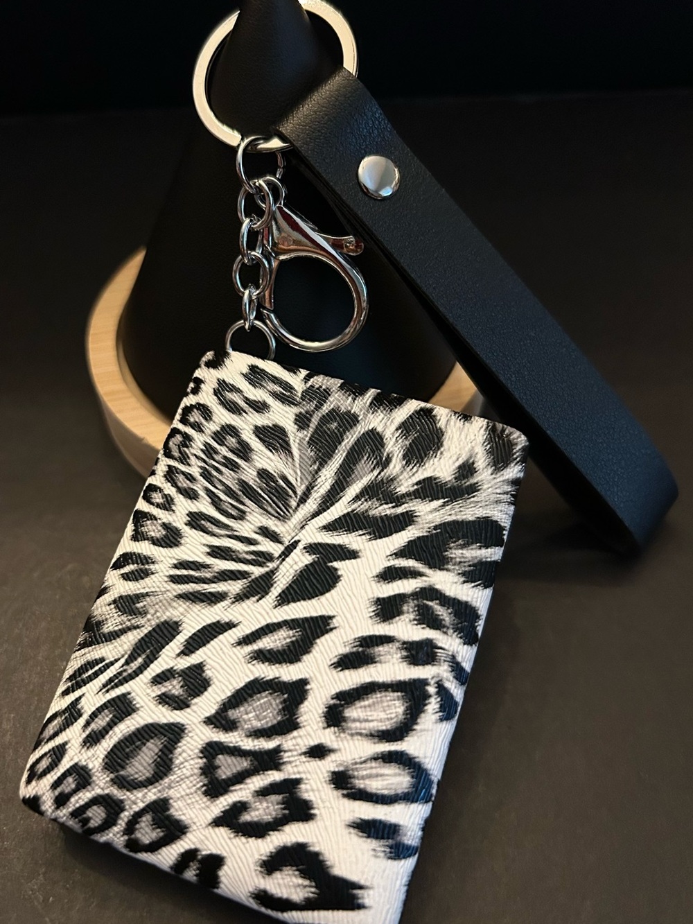 Leopard 🐆 Print Dual Sided Compact Mirror Keychain Black & White w/Wrist Strap